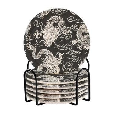 Imagem de SEHANY Porta-copos vintage dragão conjunto de 6 com suporte, porta-copos redondos absorventes de algodão resistente ao calor para mesa de jantar, canecas de café, 10 cm