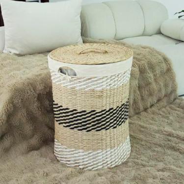 Imagem de Furnnylane Cesto de lavanderia tecido à mão com tampa, cesto de roupa suja de 53 cm com forro removível para lavanderia e armazenamento elegante, multicolorido, SN220008P