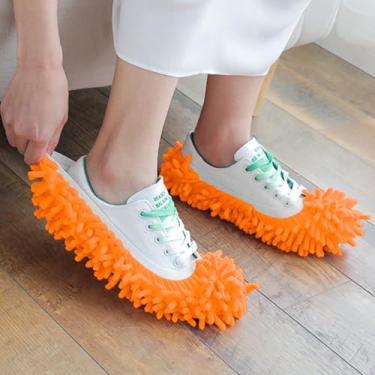 Imagem de 1 par de chinelos de esfregão, capas de limpeza de piso para uso doméstico, almofadas de limpeza de piso para limpeza de azulejos, capa de sapato, laranja