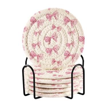Imagem de SEHANY Conjunto de 6 porta-copos com laço rosa fofo com suporte, porta-copos redondos absorventes de algodão resistente ao calor para mesa de jantar, canecas de café, 10 cm