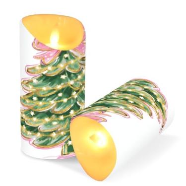 Imagem de ATTX Pacote com 2 velas sem chama para árvore de Natal com laço rosa - 7,6 cm x 9,9 cm de LED com controle remoto e temporizador para casa, casamento, decoração de acampamento #212