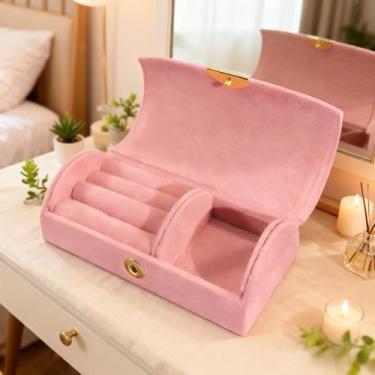 Imagem de 1 caixa de joias portátil em forma de arco forrada de veludo compacta com fecho de bloqueio para viagem, presente de dama de honra, armazenamento diário de joias, rosa
