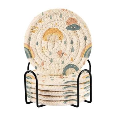 Imagem de SEHANY Conjunto de 6 porta-copos de cogumelos florestais com suporte, porta-copos redondos absorventes de algodão resistente ao calor para mesa de jantar, canecas de café, 10 cm