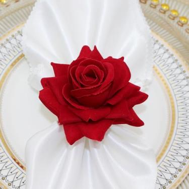 Imagem de 1 anel de guardanapo rosa vermelha, adequado para ocasiões como Dia dos Namorados, celebrações de casamento e aniversários.