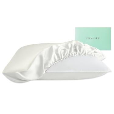 Imagem de THXSILK Fronha de seda amoreira, tamanho Queen, capa de almofada com elástico, fronha de seda macia e macia para cabelo e pele, presente para mulheres e homens, 1 peça, branca