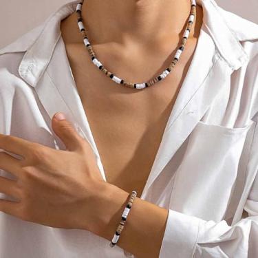 Imagem de Conjunto de colar e pulseira de surfista de contas boêmias para homens/mulheres, disco de concha de coco, gargantilha de praia, joias, preto, branco, marrom, presente tribal