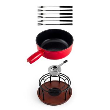 Imagem de Swissmar Conjunto de fondue de ferro fundido Ticino com interior esmaltado, 2L / 2 QT – 9 peças panela de fondue de queijo e chocolate com garfos, queimador e base de madeira de faia – perfeito para