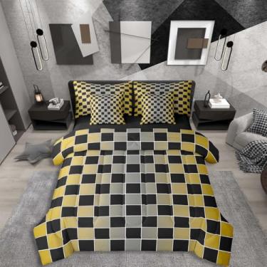 Imagem de Erosebridal Jogo de cama de solteiro geométrico, xadrez, 7 peças, amarelo e cinza, ombré, com lençóis, xadrez estético, para crianças e adultos, jogo de cama quadriculado preto gradiente