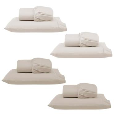 Imagem de Kit 4 Jogos de Lençol Solteiro com Elástico e Fronha Bordada em Ponto Palito, 8 Peças em Micropercal 300 Fios 100% Poliéster (4 Jogos Solteiro Versat (2 Palha/2 Cáqui))