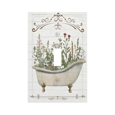 Imagem de Tulpock Capa de interruptor de luz floral rústica para casa de fazenda decorativa country madeira branca botânica 1 gangue placa de parede com interruptor único placa elétrica para banheiro, cozinha