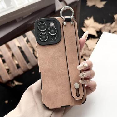 Imagem de IRTGFG Para iPhone 16 Pro Max, alça de mão, capa de couro macio, suporte de anel, pulseira fosca, suporte para celular (para iPhone 16 Pro Max/cáqui)