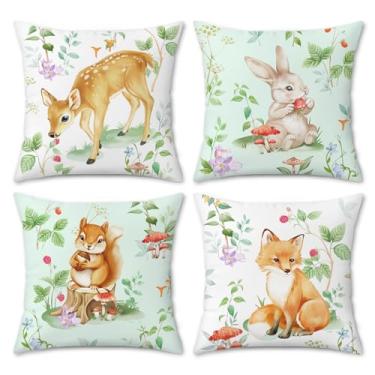 Imagem de COZZSNUGE Capas de almofada de animais, lindo coelhinho, veado, esquilo, raposa, primavera, floresta, veludo, fronhas decorativas para jardim, sofá-cama, casa, pátio, conjunto de 4, 45 x 45 cm