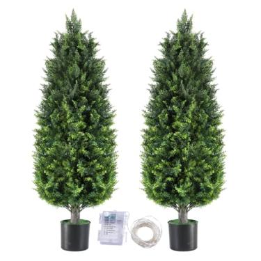 Imagem de Árvores de topiaria artificial, plantas ao ar livre, resistente a UV, cedro sintético realista, cipreste perene, arbustos em vaso com folhagem extradensa para varanda da frente, decoração interna