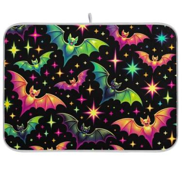 Imagem de Tapetes de secagem de pratos pretos coloridos com estrelas de morcegos 45 x 61 cm, tapete de escorredor de pratos absorvente para cozinha