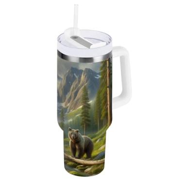 Imagem de ODAWA Copo isolado de aço inoxidável grande com alça e palha, urso floresta rio verde viagem copo de café