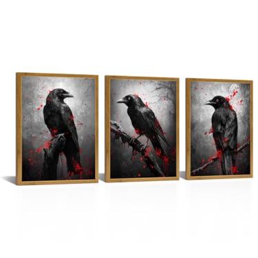 Imagem de Kalormore Arte de parede Gothic Ravens, impressão em tela emoldurada em 3 painéis, pássaros misteriosos preto e vermelho, decoração de casa estética escura