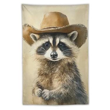 Imagem de Tapeçaria de parede com chapéu de cowboy guaxinim decoração de animais de fazenda fundo bege arte rústica fofa para sala de estar quarto aconchegante estilo country decoração de pendurar decoração