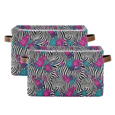 Imagem de Organizador de armário de lona de tecido – Caixas de armazenamento decorativas retangulares dobráveis para banheiro, roupas flores tropicais, listras zebra, pacote com 2