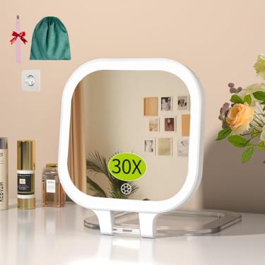 Imagem de FUNTOUCH Espelho de maquiagem iluminado com ampliação de 30X, espelho de maquiagem dupla face para viagem com luzes, luzes recarregáveis de 3 cores e brilho ajustável, rotação de 300°, dobrável