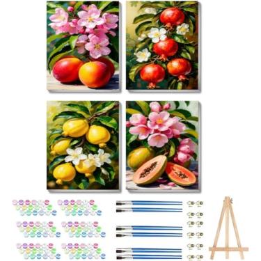 Imagem de Kit de pintura por números para adultos com moldura, kit de pintura de frutas DIY por números em tela com cavalete de madeira, kit de pintura acrílica de frutas fácil para artes e artesanato para
