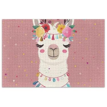 Imagem de Quebra-cabeças para adultos com flores de lhama fofas 500 peças com estampa de animais fofos e difíceis presentes de festa de elefante branco