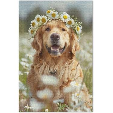 Imagem de Golden Retriever Quebra-cabeça de flor de cachorro 1000 peças adultos família quebra-cabeça amantes presentes divertido cenário floral