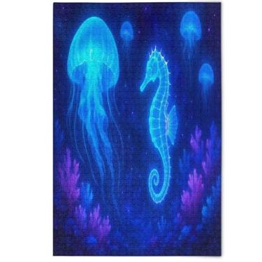 Imagem de Quebra-cabeça de água-viva azul neon cavalo-marinho 500 peças para adultos elefante branco quebra-cabeças grandes jogos para família decoração de casa, 500 peças, 52 x 37,8 cm