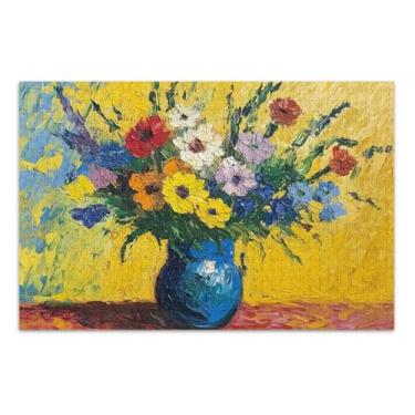 Imagem de Quebra-cabeça amarelo vaso flores silvestres adulto com letras nas costas 1000 peças adulto