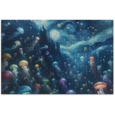 Imagem de Noite estrelada com glitter água-viva adultos quebra-cabeça 1000 peças família amantes presentes exclusivos flor animal pintura, 75 x 40 centímetros