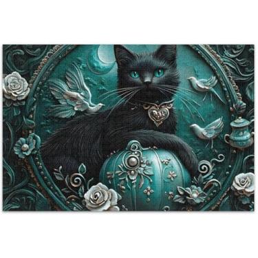 Imagem de Quebra-cabeça digital de pintura de gato preto azul-petróleo 500 peças adultos flor pintura animal divertido brinquedo adulto elefante branco presentes engraçados, 51 x 35 centímetros