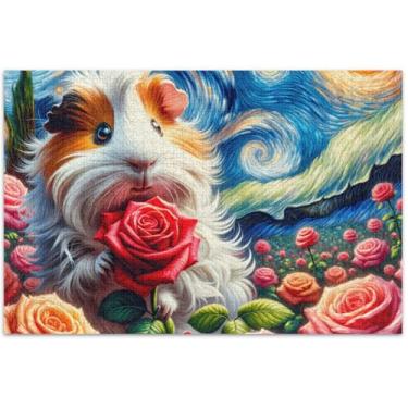 Imagem de Quebra-cabeça personalizado com flor de porquinho-da-índia estrelado 500 peças para adultos decoração de pintura animal quebra-cabeças legais para adultos presentes para amantes de quebra-cabeças, 50
