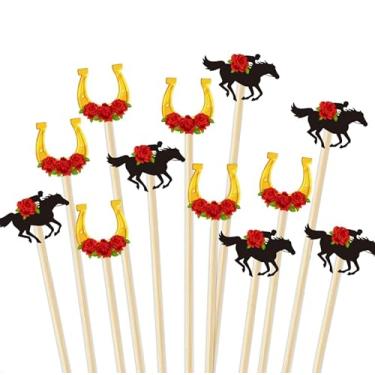 Imagem de JarThenaAMCS 100 palitos longos de corrida de cavalos para coquetéis dourado preto vermelho rosa ferradura palitos longos para alimentos frutas bebida aperitivo sobremesa dia derby evento temático