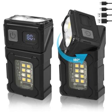 Imagem de 2 peças de lanterna LED giratória de cabeça de 180° recarregável, pequena lanterna EDC com clipe traseiro, luz de bolso portátil, carregamento USB-C, mini chaveiro de luz para emergência, atividades