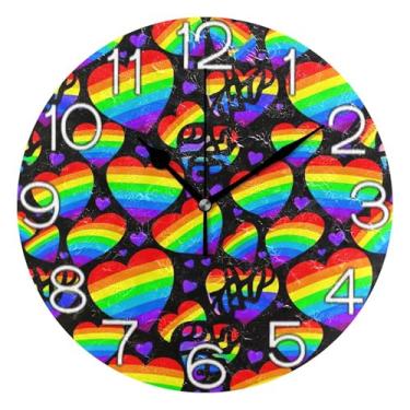 Imagem de Corações de arco-íris corações roxos preto decorativo relógio de parede analógico escritório cozinha relógio estético silencioso sem tique-taque, decoração de parede de casa de fazenda moderna, 25 cm