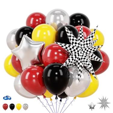 Imagem de Balões de carro de corrida, preto, vermelho, amarelo, prata, 30,5 cm, 58 peças, decoração de balões de estrela quadriculada para festa temática de carro, para meninos, homens, crianças, dois