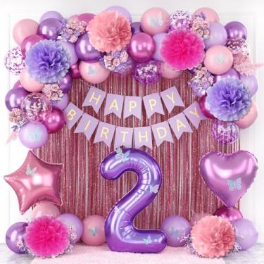 Imagem de Decorações de festa de aniversário rosa roxo de 2 anos para meninas número 2 balão bandeira feliz aniversário adesivos borboleta cortina de franjas papel pompons metálico rosa quente estrela balões de