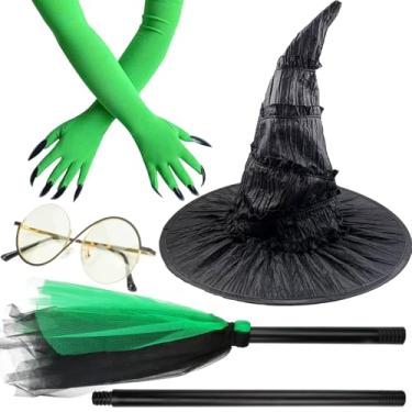 Imagem de Abitoncc Acessórios de fantasia de bruxa verde para mulheres, óculos de chapéu de bruxa, luvas verdes, vassoura, kit de fantasia teatral para festas de Halloween