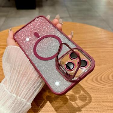 Imagem de HJZSZX Capa de celular luxuosa magnética à prova de choque com suporte de vidro e protetor de lente para iPhone 16 Pro (para iPhone 16 Pro/vermelho)