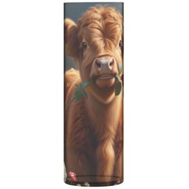 Imagem de Lindo vaso redondo de plástico com flores de bezerro de vaca Highland, vaso de flores cilíndrico, decorações decorativas de outono para casa, 30 cm x 9,9 cm