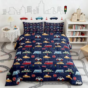 Imagem de Feelyou Jogo de cama solteiro com desenho animado de carro de corrida, azul, veículos coloridos, para decoração de quarto de crianças, meninos, meninas, microfibra, ultramacia, respirável