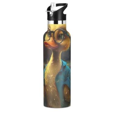 Imagem de Joisal Garrafa de água escolar isolada para meninas, pato fofo, engraçado, 590 ml, à prova de vazamento, livre de BPA, copos de viagem de aço inoxidável para crianças com tampa de canudo