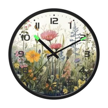 Imagem de SEHANY Herb Wildflower Relógio de parede silencioso sem tique-taque relógio redondo operado por bateria 30 cm controle de som luz noturna relógios de parede para sala de estar, cozinha, quarto