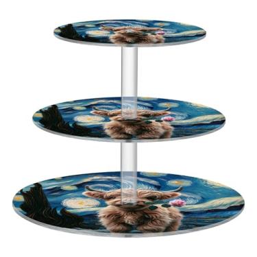 Imagem de Highland Cow Starry Night Suporte de cupcake de 3 camadas para copo de festa, torre de bolo, suporte de acrílico para aniversário, casamento, bandejas de servir, decoração de mesa de doces