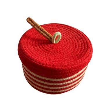 Imagem de IEUDNS Cesto de armazenamento em corda com tampa, organizador para casa, decoração em tecido trançado para quarto de bebê e cosméticos, Maçã