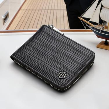 Imagem de Carteira masculina de couro curta com zíper, carteira segura marrom escuro funcional (marrom escuro)