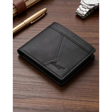 Imagem de Carteira masculina dobrável de couro curta, dobrável funcional elegante (preto)