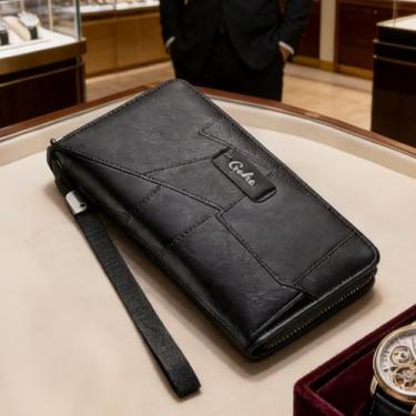 Imagem de Carteira masculina, carteira longa de couro com zíper com grande capacidade e vários compartimentos para cartões, organizador multifuncional com bloqueio de RFID e bolso para documentos (preto)