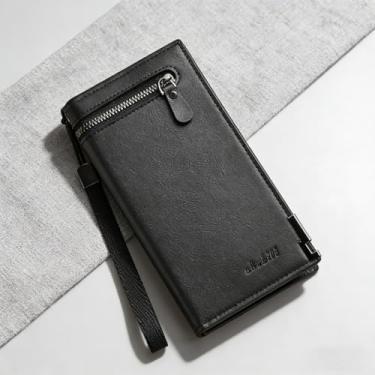 Imagem de Carteira masculina ultrafina de couro sintético de grão de lichia compacta preta com zíper compacto, design moderno de zíper preto com couro sintético de grão de lichia e perfil ultrafino