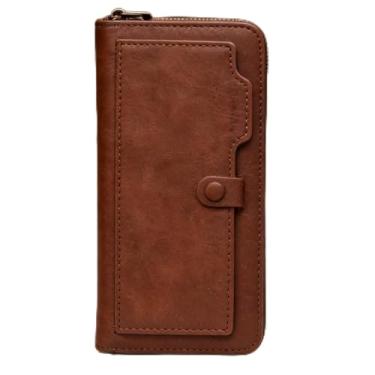 Imagem de Carteira masculina, carteira de couro longa moderna com botão de pressão e zíper, design seguro e grande capacidade, organizador moderno com compartimentos para cartão de crédito (Camel)