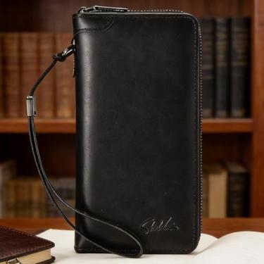 Imagem de Carteira masculina moderna, preta, com fivela de grande capacidade, cor sólida, sensação de couro legítimo, multicartões, design moderno preto de grande capacidade com fivela, cor sólida, sensação de